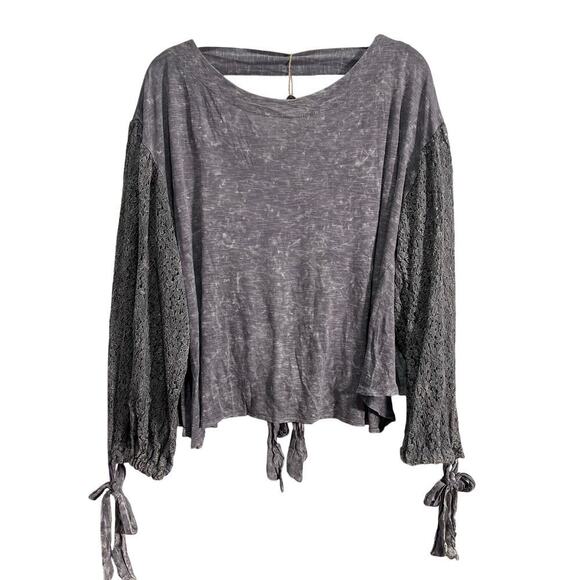 BKE Gimmicks FAB! Embroidered Mesh Boho Open Tie Festive Top in Gray L With Tags - Picture 1 of 7